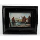 Oil on board, depicting sailing boats in a harbour, with church in the background, signed to lower