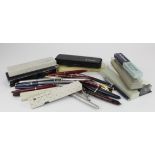 Pens. A collection of fountain pens, ballpoint pens, pencils, etc., including Parker, Esterbrook,