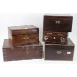 Five wooden boxes, including sewing, stationary, etc, in need of restoration, largest - height,