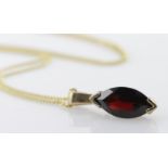 9ct yellow gold marquise shaped garnet pendant and chain, weight 2.5g