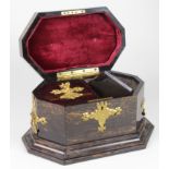 Tortoiseshell tea caddy with ornate gold plated handles & mounts, lid mounted with a green stone (