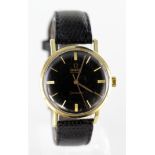 Gents 18ct cased Omega seamaster. The black dial with gilt baton markers on a non Omega strap. Watch