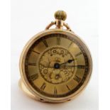 Ladies 14ct cased fob watch, the gilt dial with black roman numerals and foliage decoration.