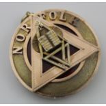 9ct Gold (hallmarked) fronted Masonic Jewel 'Norfolk', back of jewel silver hallmarked 'GK&S,