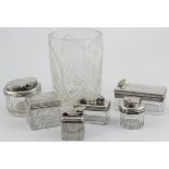 Inkwells. Six silver / white metal & glass travel inkwells, four with English hallmarks, five with