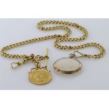 18ct gold hallmarked "T" bar pocket watch chain with a 1911 sovereign and photo pendant attached.