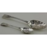 Two silver berry spoons comprising an Old English pattern tablespoon and a Fiddle pattern teaspoon