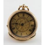 Ladies 14ct cased fob watch, the gilt dial with black roman numerals and foliage decoration.