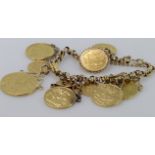 Yellow metal (tests as 9ct) bracelet with ten gold coins attached, to include guinea, Sovereigns x2,