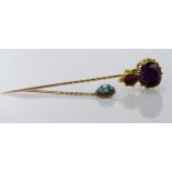 Two pins, one set with amethyst and one set with turquoise and pearl, weight 7.7g