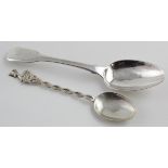 Two Scottish Provincial silver teaspoons. Aberdeen fiddle pattern by James Erskine c.1810 length