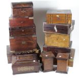 Thirteen wooden boxes of various sizes, including rosewood examples etc., in need of restoration,