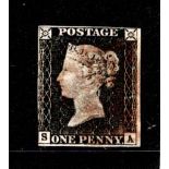 GB 1840 1d Penny Black (S-A) identified as likely Plate 4, 3 margins, no tears thins or creases, red