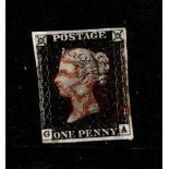 GB 1840 1d Penny Black (G-A) identified as likely Plate 1b, 3 margins, no tears thins or creases,