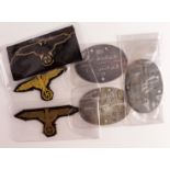 German Nazi SS Cloth Eagles x3, and SS ID Discs x3. (6)