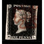 GB 1840 1d Penny Black (M-L) identified as likely Plate 6, 3 margins, no tears thins or creases, red