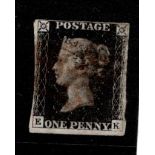 GB 1840 1d Penny Black (E-K) identified as likely Plate 6, 2 good margins, others close, no tears