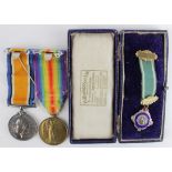 BWM & Victory Medal to 59452 Pte A Rever Welsh Regt. With RAF Lodge Buffalo Medal (silver