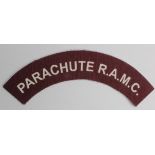 Cloth Badge: Parachute R.A.M.C. WW2 printed cloth shoulder title badge in excellent unworn