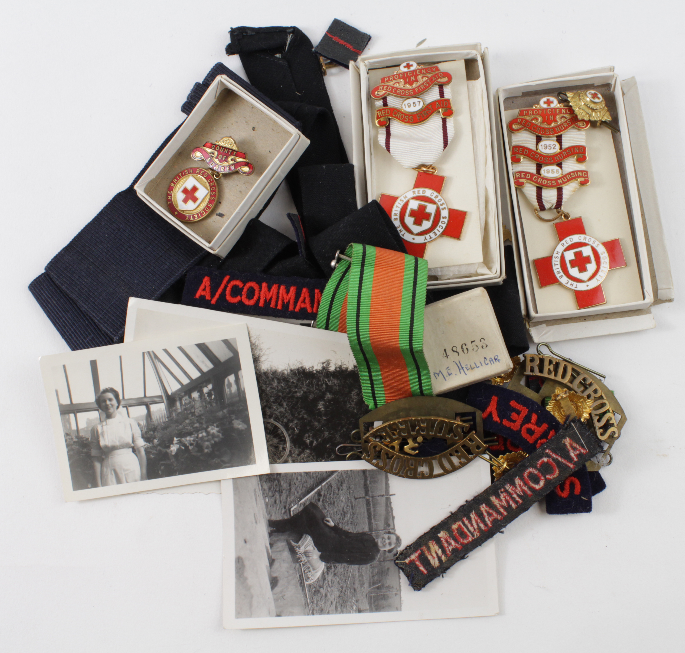 WW2 Red Cross Nurses medals photos, badges etc., to M E Helligar 38th Surrey Red Cross.