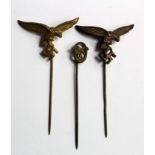 German Nazi 'Luftwaffe' Stickpins - 2x Eagle & Swastika, 1x miniature Observers Badge. (3)