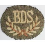 Cloth Badge: "BDS" in wreath embroidered WW2 arm badge for Bomb Disposal Service (Edwards &