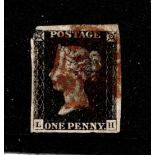 GB 1840 1d Penny Black (L-H) identified as likely Plate 1b, 4 margins but cut into design at upper-