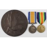 BWM & Victory medals with memorial plaque to G/24419 Pte George Clanfield 17 Bn Middlesex Regt, K in