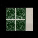 GB - 1902 EDVII 1d Plate Proof in deep green, in thin white card, marginal block of four, UM.