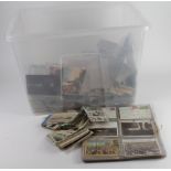 Giant clear tub of loose old postcards, many in sleeves, super sorting lot (qty) Buyer collects