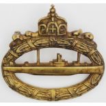 Imperial German Submarine War Badge, bronze, reverse stamped 'Walter Schot foc'. Solid.