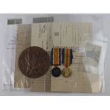 BWM & Victory medals with memorial plaque and selection of documents to 37749 Pte Charles Ambler