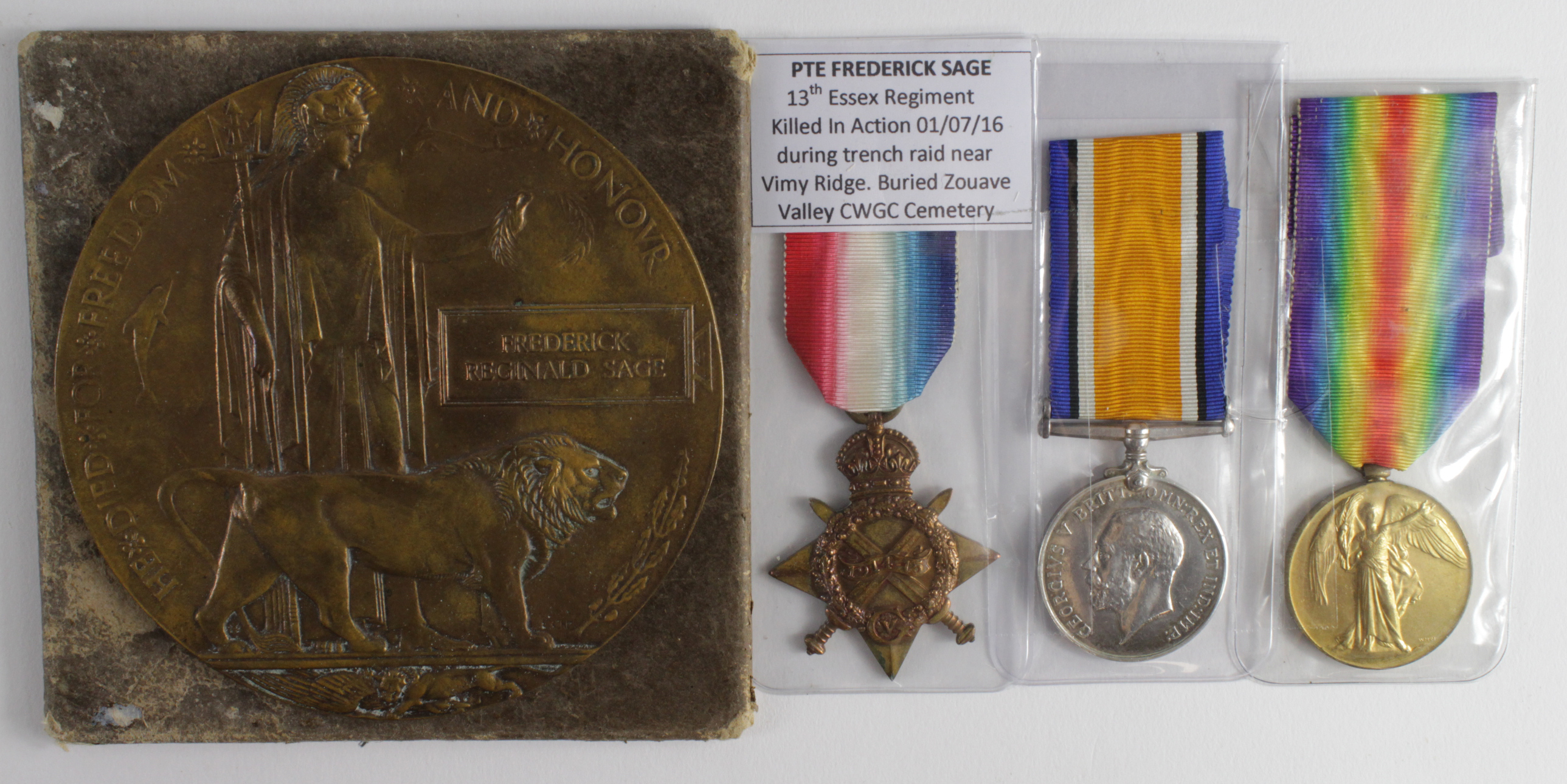 1915 Star Trio and Death Plaque to 19265 Pte Frederick Reginald Sage 13th Bn Essex Regt. KIA 1/7/