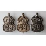 Badges - silver A.R.P. badges - 1x hallmarked PJ London 1936 and 2x hallmarked J.C. London, 1938. (