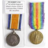 BWM & Victory Medal to 43330 Pte Robert Lyas 2nd Bn Suffolk Regt. KIA 18/8/1916. Enlisted