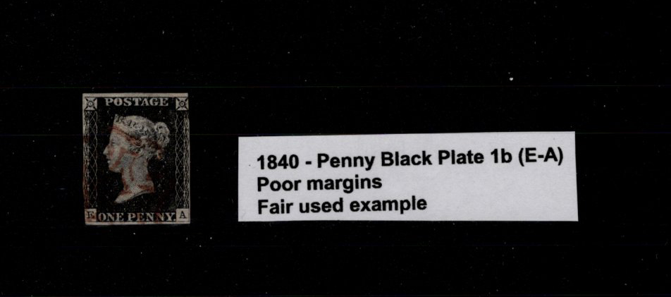 GB - 1840 Penny Black Plate 1b (E-A) poor margins, fair used example cat £375