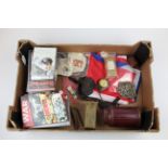 General Militaria: A good box of general militaria including good watch in protective steel case,