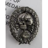 German Nazi Condor Legion Tank Assault Badge, silvered, with "coke bottle" pin. Pin hinge broken and