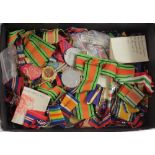 Shoebox of various medals, ribbons, Buffalo Medals, ribbon bars, etc etc. A sorting lot (Qty)