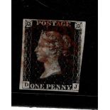 GB 1840 1d Penny Black (D-J) identified as likely Plate 2, almost 4 margins but close lower-right,