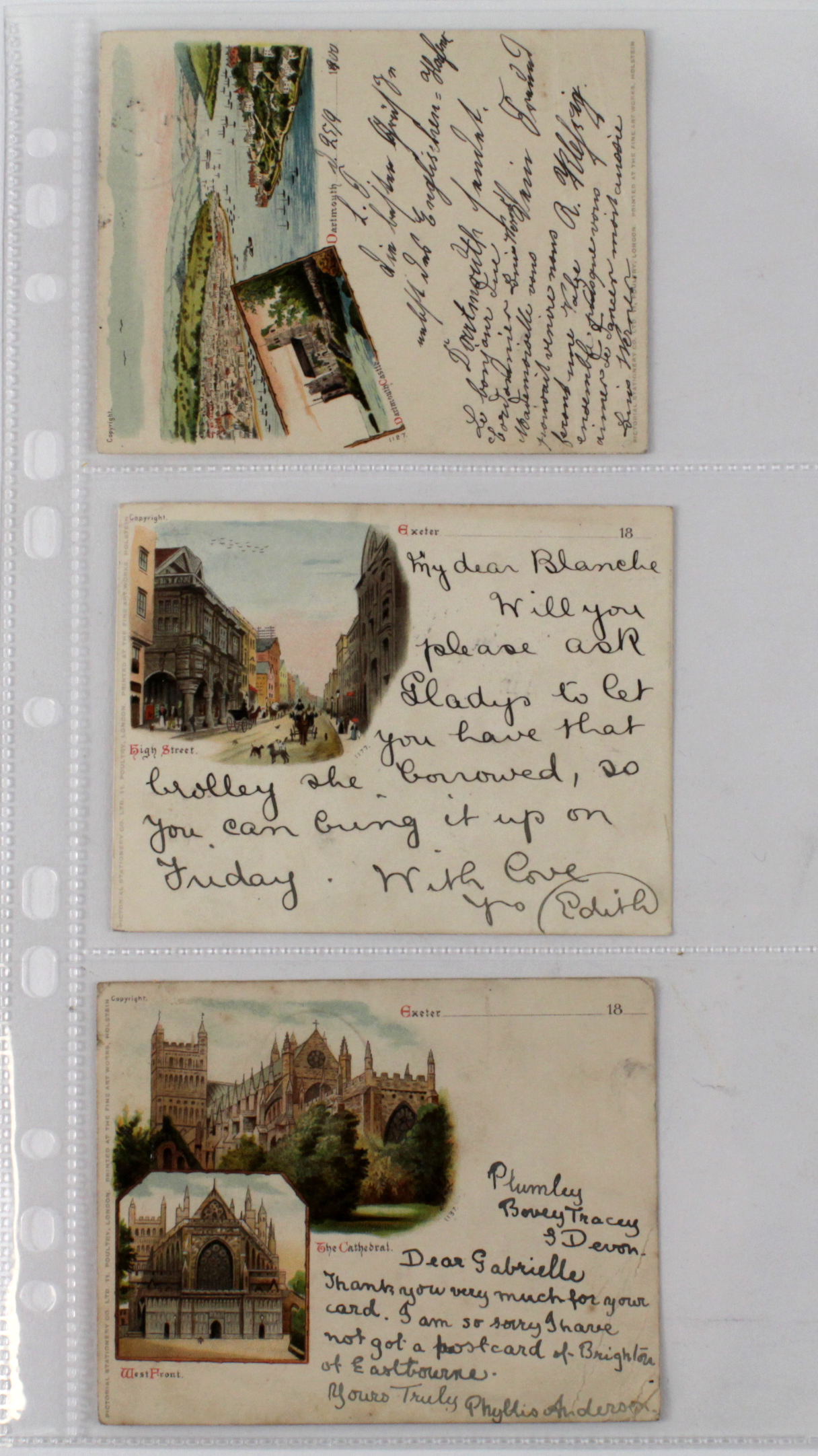 Court Size early postcards Devon - Exeter High Street, Exeter Cathedral, Dartmouth, all postally
