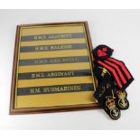 Royal Navy Cap Tallies x5 in glazed frame, plus a selection of loose cloth badges (qty)