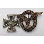 German Pilots Luftwaffe badge and Iron Cross 1st class pin back, both slightly crude