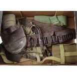 WW1 & Boer war equipment including webbing, belt, water bottle, bandoleer with various items of over