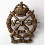 Badge - WW1 Suffolk, 1915, V.T.C. Bronze badge - pin fitting. J.R. Gaunt tablet to reverse.