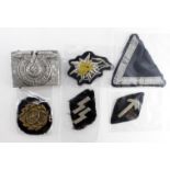 German Nazi SS cloth badges x5, plus a Trial/Transitional buckle ? (6)