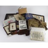 Banana box of mixed militaria inc canvas rifle bag, early photos, compass, ephemera. etc. (Heavy)