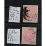 GB - QV high value 5s SG127 pale rose with MX wmk, plates 1 and 2, used. Cat £2175 (2) a/f