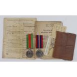 WW2 Defence and War medals with soldiers service and pay book, release book, call up documents etc.,