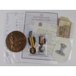 BWM & Victory medals with memorial plaque and portrait photo etc., to 31008 Pte Gerald Morgan